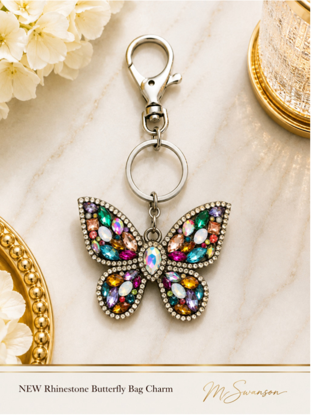 NEW Rhinestone Butterfly Bag Charm Keychain Multicolor Silver
